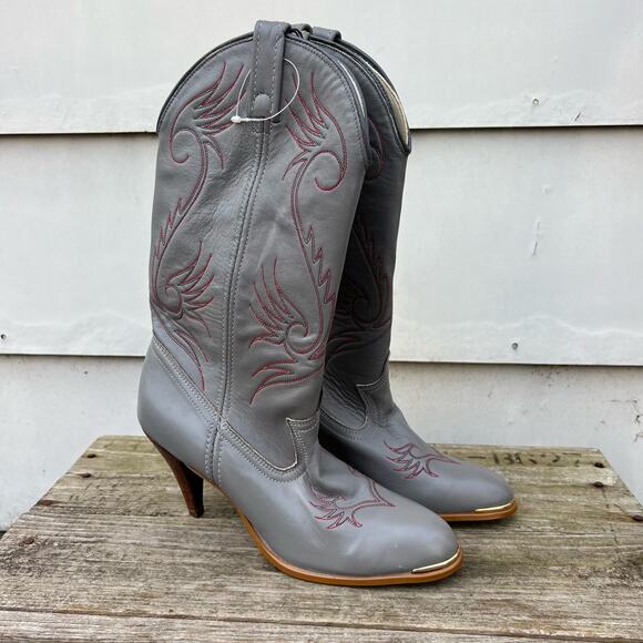 Vintage 80s Acme Gray High Heeled Cowgirl Western Boots 7M - Picture 1 of 8